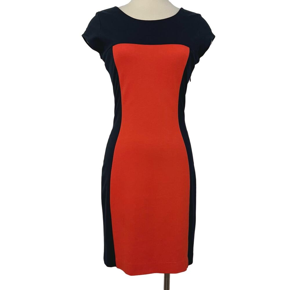 Hugo Boss Colorblock Sheath Dress Jersey Knit Cap Sleeve Navy Red | Size: Small